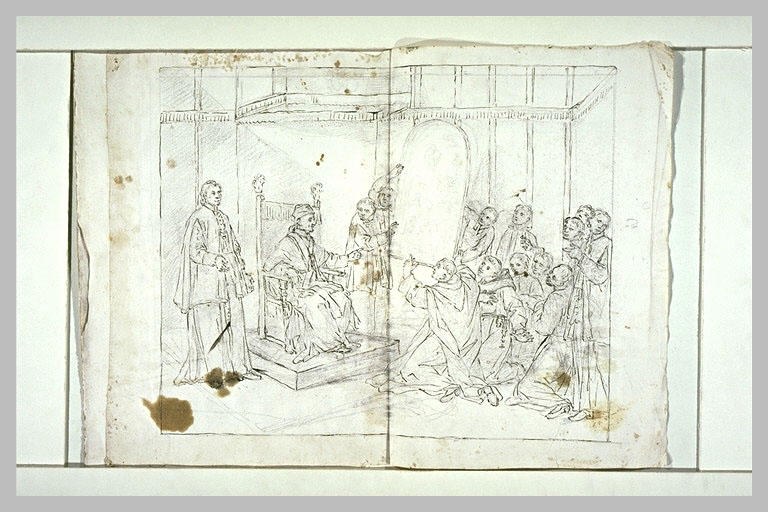 Des prêtres présentant un tableau à un prélat, assis sur un trône