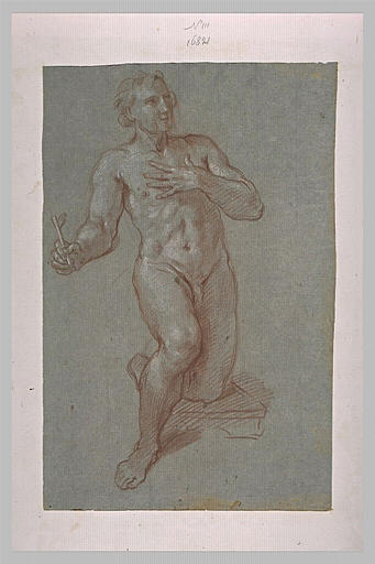 Homme nu, à genoux, une plume à la main