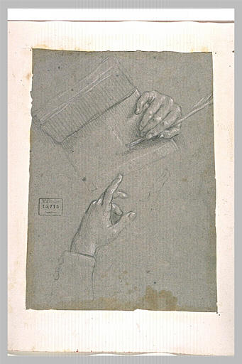 Main à l'index pointé, et main posée sur un livre, tenant une plume