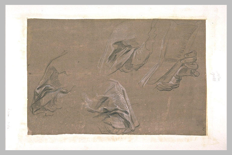 Trois études de draperie, et main tenant une feuille dépliée