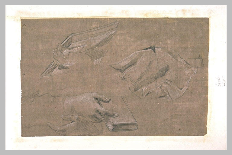 Etude de draperie, livre ouvert, et main tenant un livre fermé