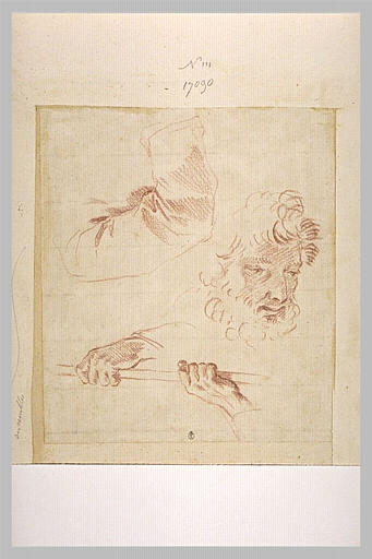 Tête d'homme barbu, étude de draperie, et deux mains tenant un bâton