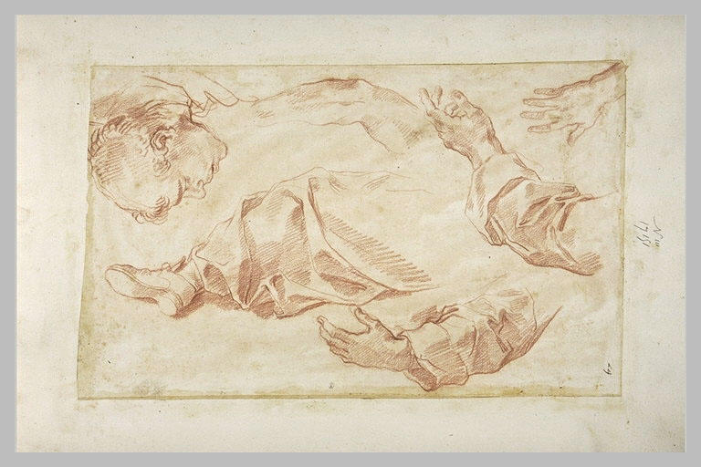 Tête de moine, étude de draperie sur une jambe, deux bras et une main