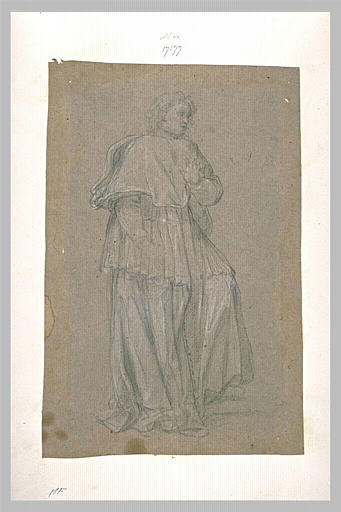 Une figure d'homme debout, tourné à droite, la main gauche levée