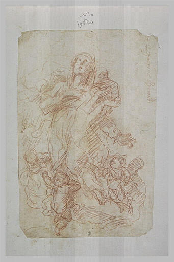 Une sainte à genoux sur des nuages, portés par des anges
