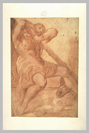 Homme à demi nu, arc-bouté sur un levier de bois