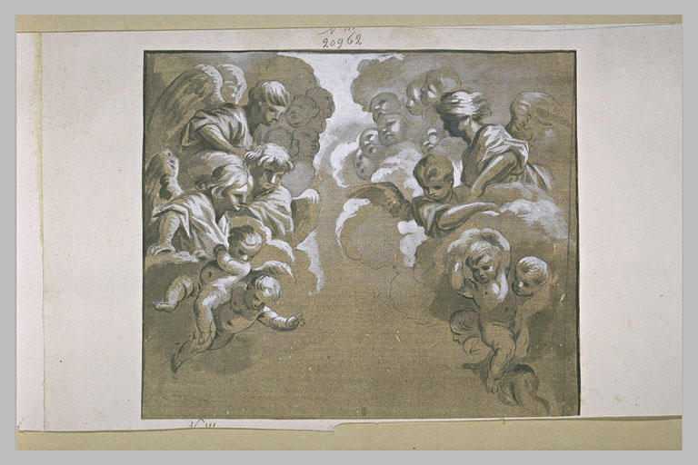 Groupe d'anges sur des nuages regardant vers le bas