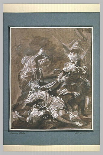 Un roi à terre se perçant de son poignard, et soldats