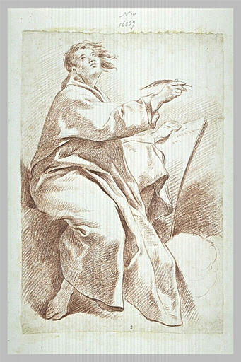 Un homme assis, une plume dans la main droite