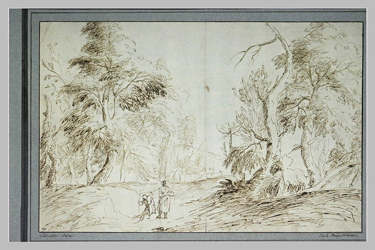 Paysage avec deux personnages, et des vaches dans une clairière