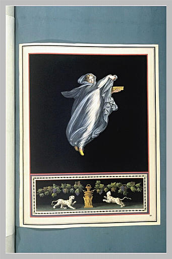 Femme tenant une boite ; deux tigres sous une treille de raisins