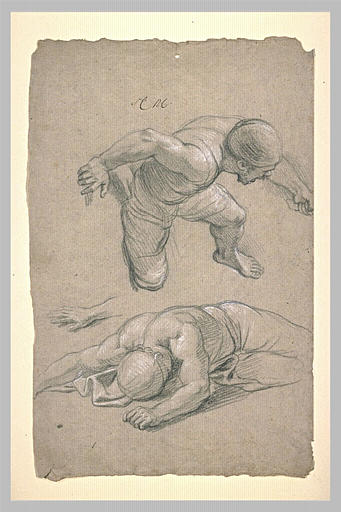 Deux hommes casqués, l'un renversé la face contre terre, l'autre penché..