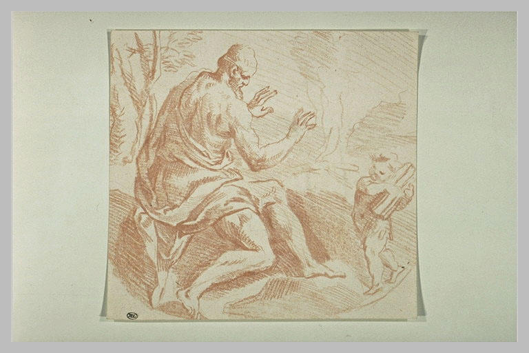 Angelot apportant du bois à un vieillard près d'un feu