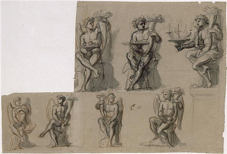 Figures ailées, assises ; Projets pour le décor du salon Octogone de l'Appartement des Bains de Louis XIV à Versailles: dessins pour 7 des 12 statues d'éphèbe symbolisant les douze mois de l'année- en métal doré portant des torchères en forme de corne d'abondance (autre titre)