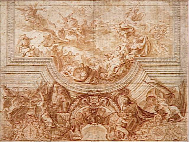Prise de la ville et de la citadelle de Gand ; Prise de la ville et de la citadelle de Gand 1678 : relevé d'une des grandes compositions de la voûte de la Galerie des Glaces (autre titre)