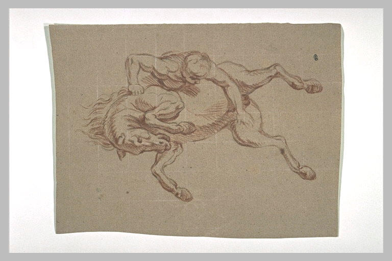 Cavalier nu, tombant d'un cheval cabré et renversé