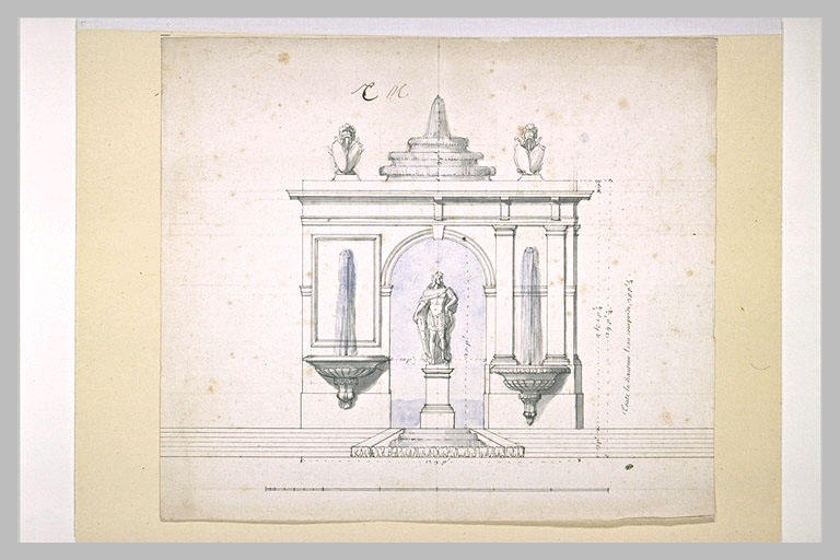 Elévation d'un pavillon avec statue royale et jets d'eau