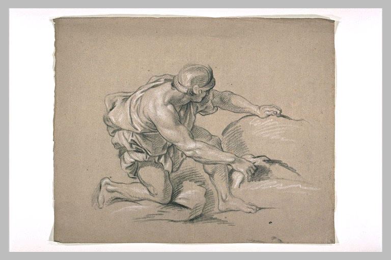 Guerrier drapé et casqué, un genou à terre