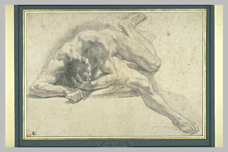 Homme nu, au sol, la tête dans la main gauche