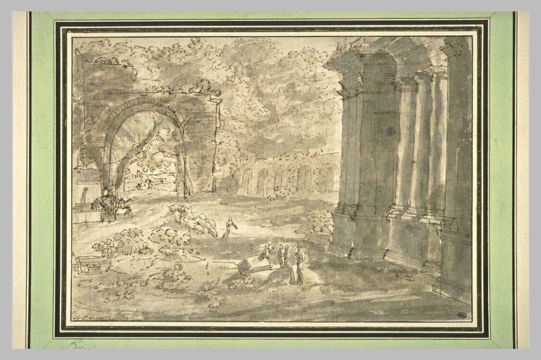 Figures dans un paysage boisé, avec des monuments
