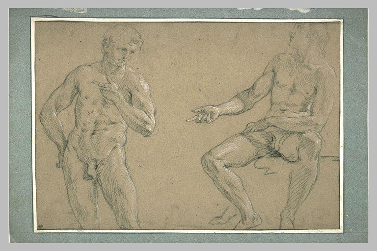 Etude de deux jeunes hommes, l'un debout et vu de face, l'autre assis