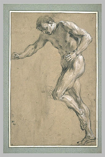 Homme nu, debout, tourné vers la gauche et regardant à terre