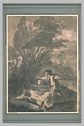 Paysage : un homme effrayé, examinant des cadavres