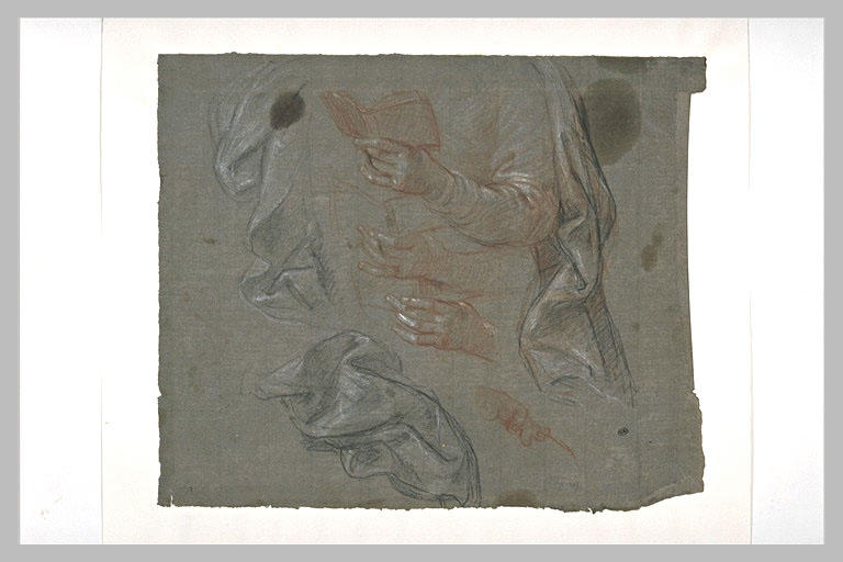 Etudes de draperies, de mains tenant un livre et de doigts