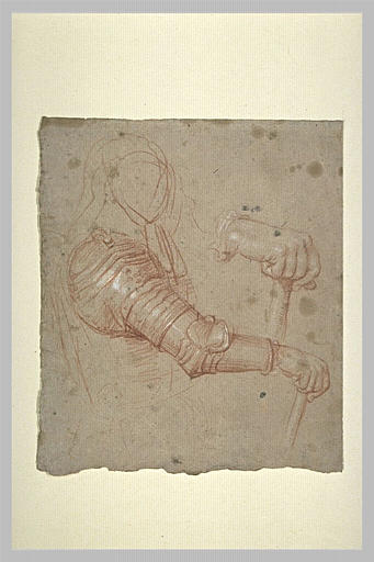 Etude de bras couvert d'une cuirasse, la main appuyée sur un bâton ; reprise