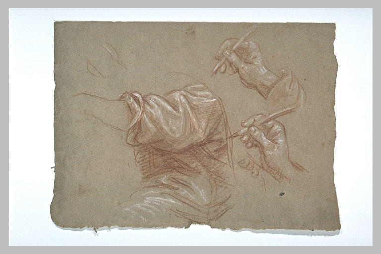 Etudes d'une main tenant une plume et d'une draperie