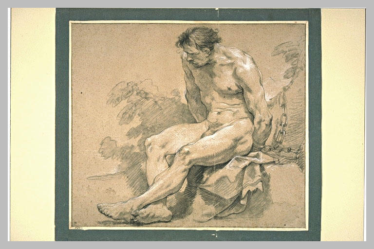 Homme nu, assis, enchaîné à un arbre