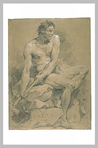 Homme nu, assis, tenant un marteau