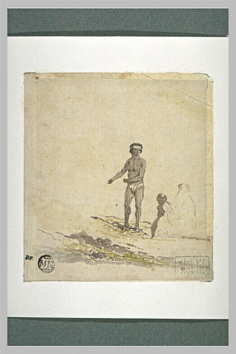 Un indien debout et une indienne assise à terre avec un enfant