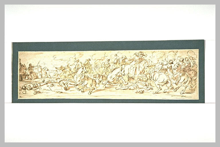 Combat de cavaliers avec à gauche une pièce d'artillerie