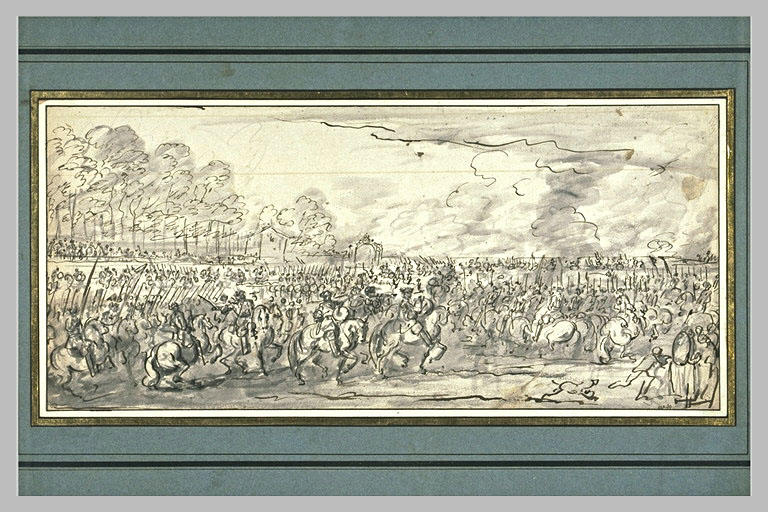 Cavaliers défilant devant un portail