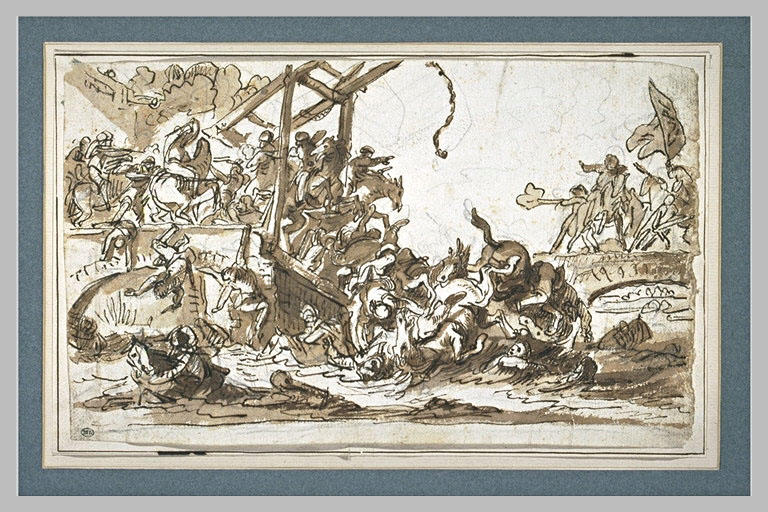 Cavaliers tombant dans l'eau après l'effrondrement d'un pont-levis