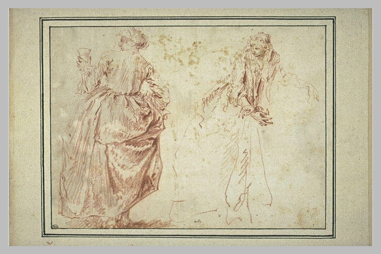 Deux études de femmes : celle de gauche, vue de dos debout tenant un verre..