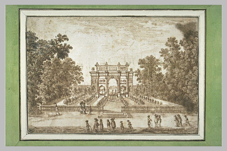 Vue d'un jardin, au milieu duquel s'élève un arc triomphal