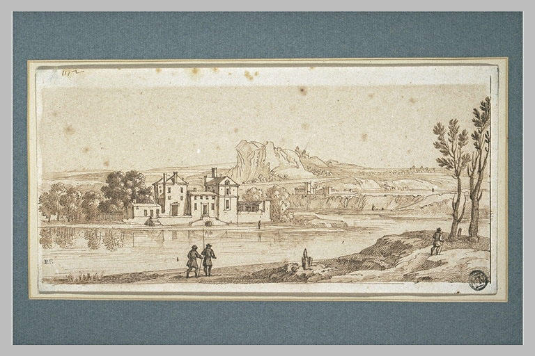 Maisons au bord de l'eau dans un paysage accidenté, avec personnages et...