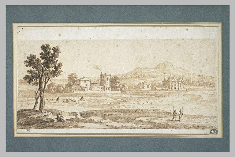 Groupe de maisons au bord d'une rivière dans un paysage vallonné, ...