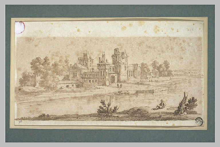 Maisons, château en ruines entourés d'arbres, au bord d'une rivière...