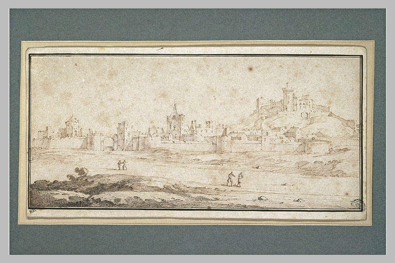 Village entouré de remparts au bord d'une rivière, dominé par un château...