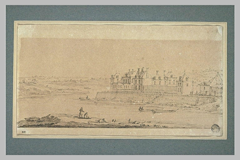 Maisons au bord de l'eau avec barques et personnages dans un paysage...