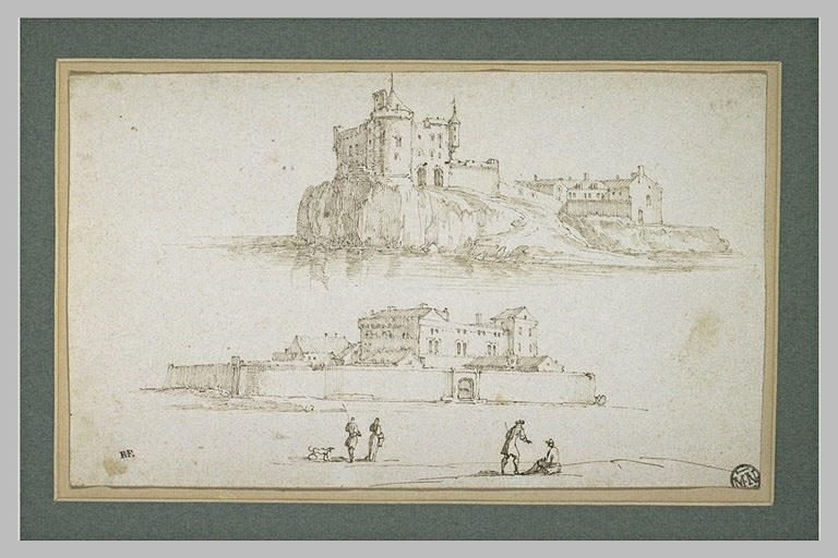 Château sur un promontoire entouré d'eau, château fortifié avec personnages