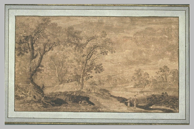 Paysage vallonné et boisé au bord de l'eau avec personnages et chiens