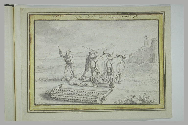 Supplice de deux hommes étendus à terre, avec boeuf tirant une herse