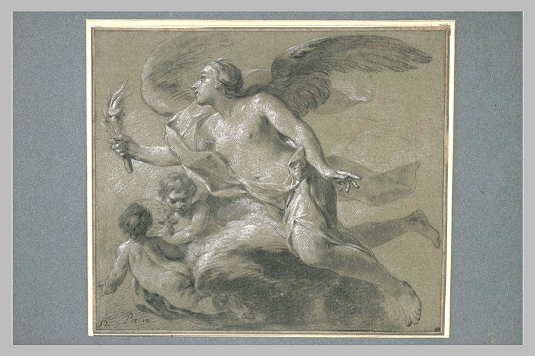 L'Aurore ailée portant une torche dans sa main droite et précédée de deux...