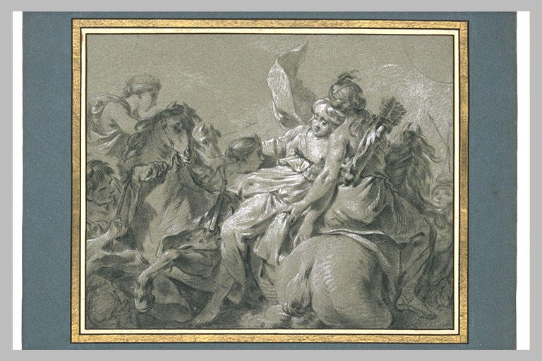 Une amazone blessée par une flèche et entourée de plusieurs compagnes