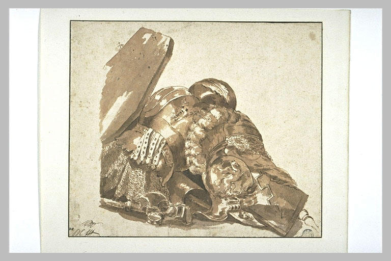 Trophée d'armes : cuirasse ornée d'un masque, casque avec panache...
