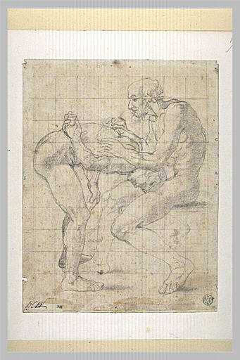 Homme écrivant sur le dos d'un autre penché devant lui et tenant un encrier